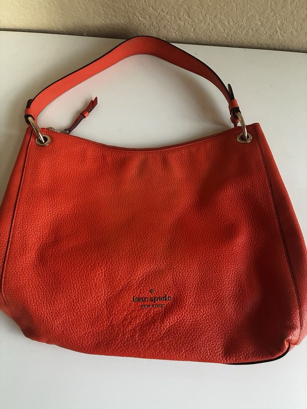 Kate Spade Pebbled Orange Leather Shoulder Hobo Tote Bag Coral Buds Boho Purse